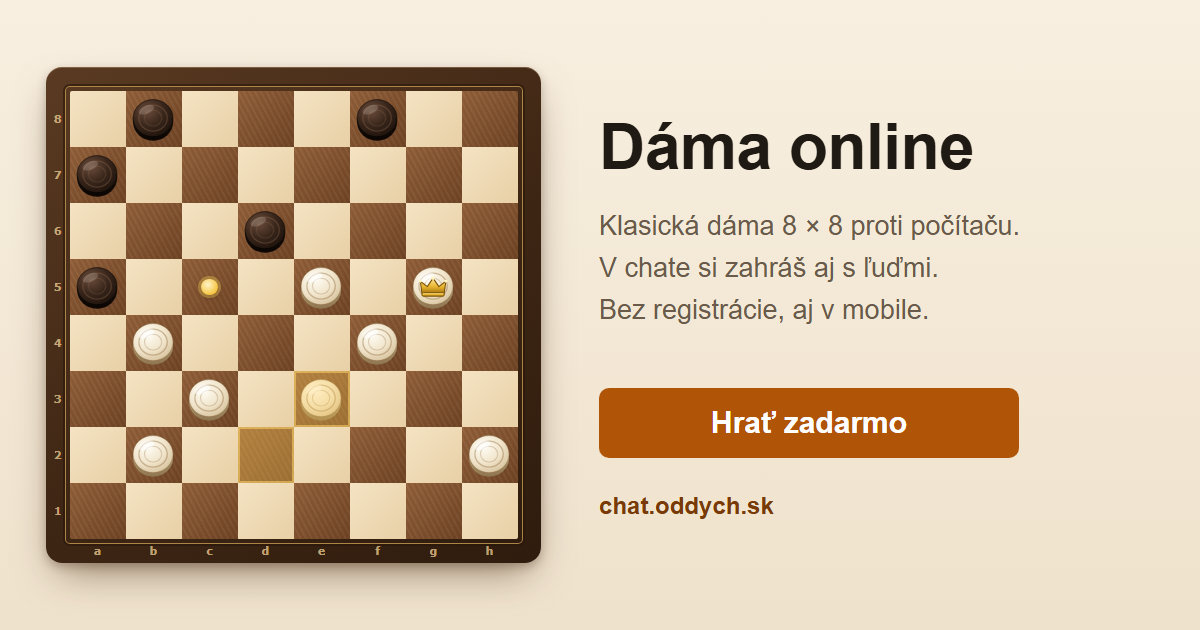 Dáma online — rozohraná partia bielych a čiernych kameňov na drevenej doske 8 × 8, biela dáma so zlatou korunkou