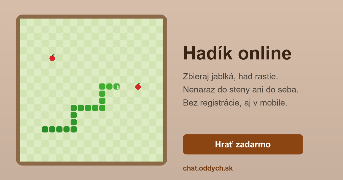 Hadík online — zelený had na mriežke zbiera červené jablká, klasická hra ako zo starých mobilov