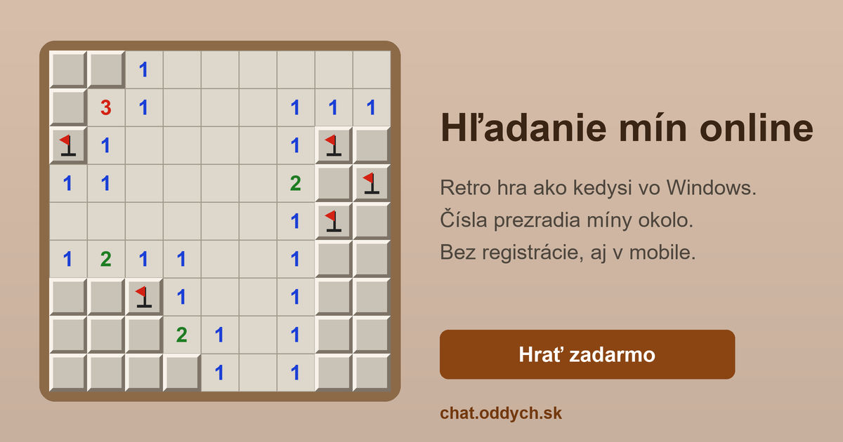 Hľadanie mín online — retro plocha 9 × 9 s odkrytými číslami a vlajkami ako vo Windows