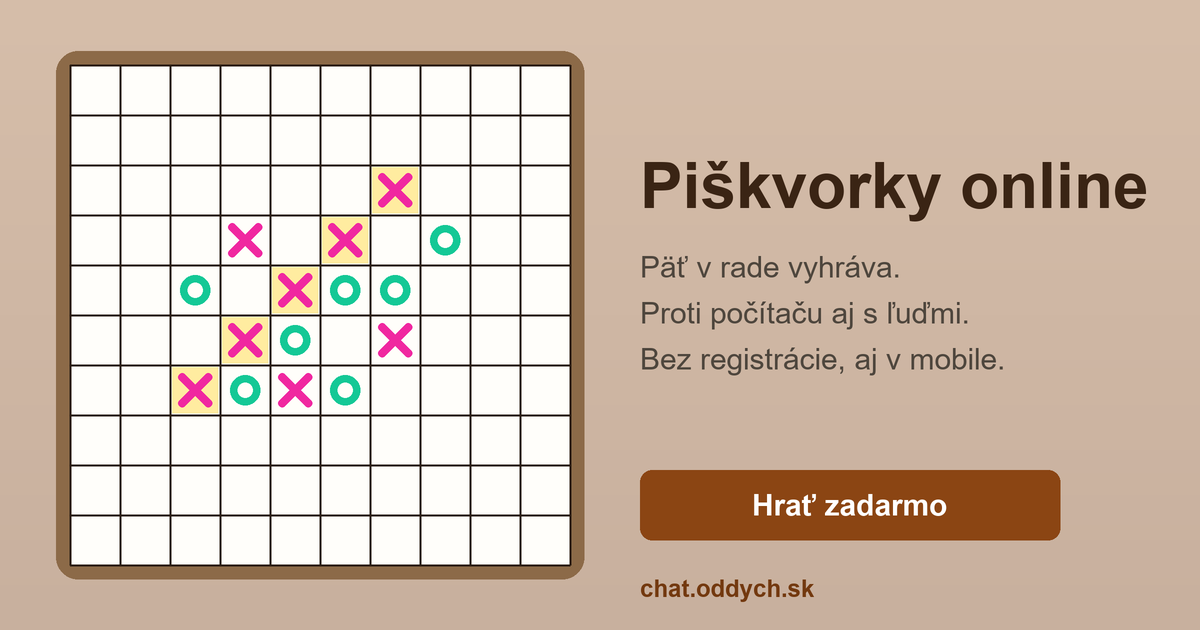 Piškvorky online — rozohraná partia krížikov a krúžkov na ploche 10 × 10, päť v rade